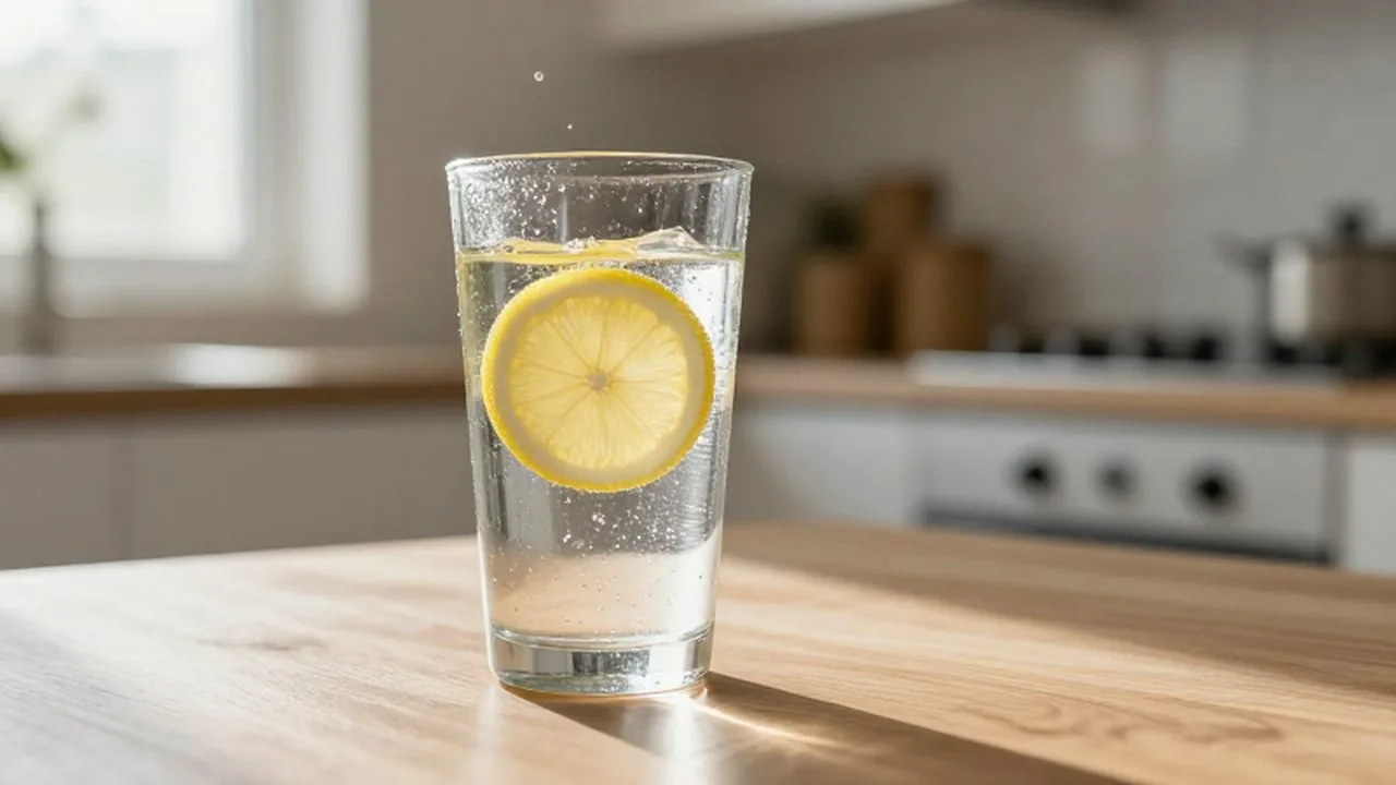 Vaso de agua mineral con gas y una rodaja de limón sobre una mesa de madera.