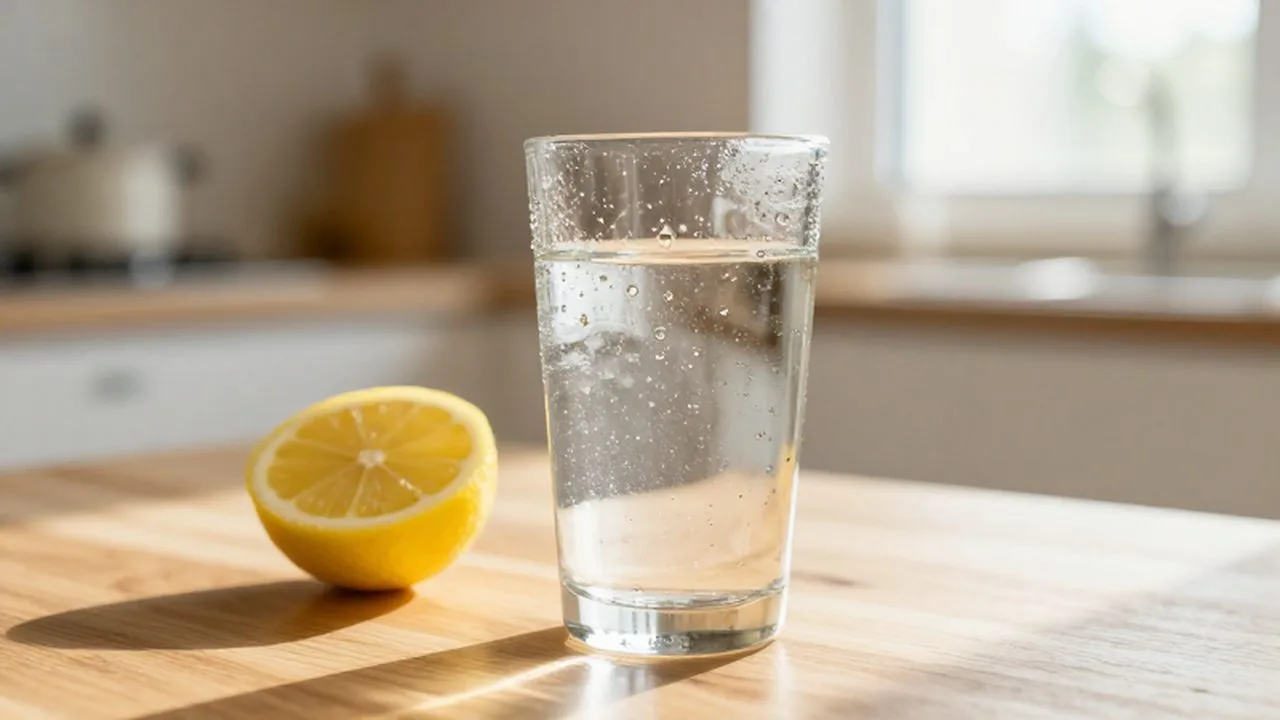 Vaso de agua fresca con gotas de condensación y una rodaja de limón sobre una mesa de madera.