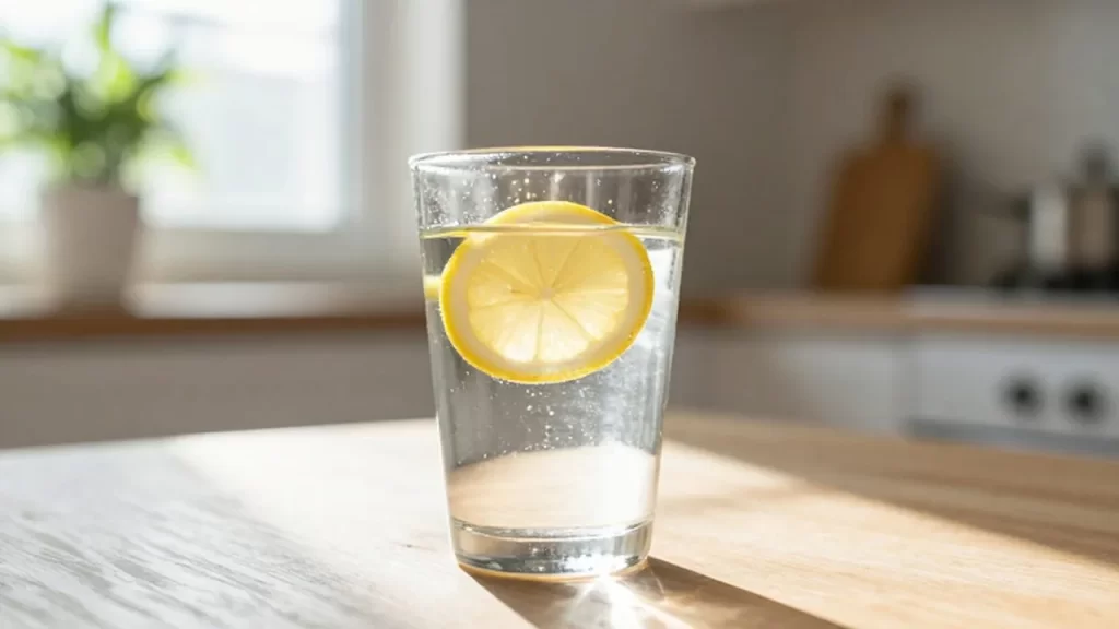 Vaso de agua con una rodaja de limón sobre una mesa de madera iluminada por el sol.