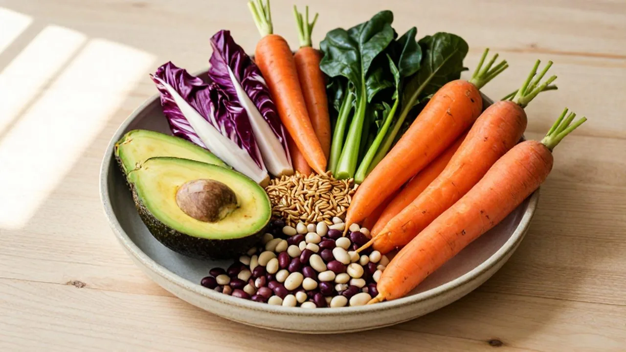 Variedad de vegetales frescos, aguacate, zanahorias y legumbres dispuestos sobre un plato de cerámica rústica.