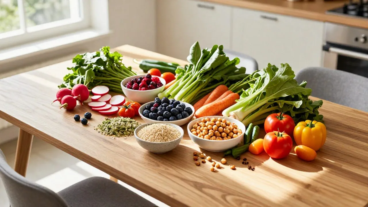 Variedad de vegetales frescos, frutas, quinoa y garbanzos dispuestos sobre una mesa de madera.