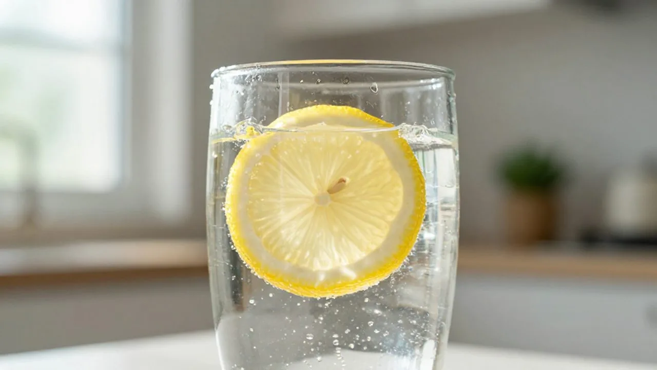 Vaso de agua con gas y limón bajo la luz del sol en una cocina minimalista.