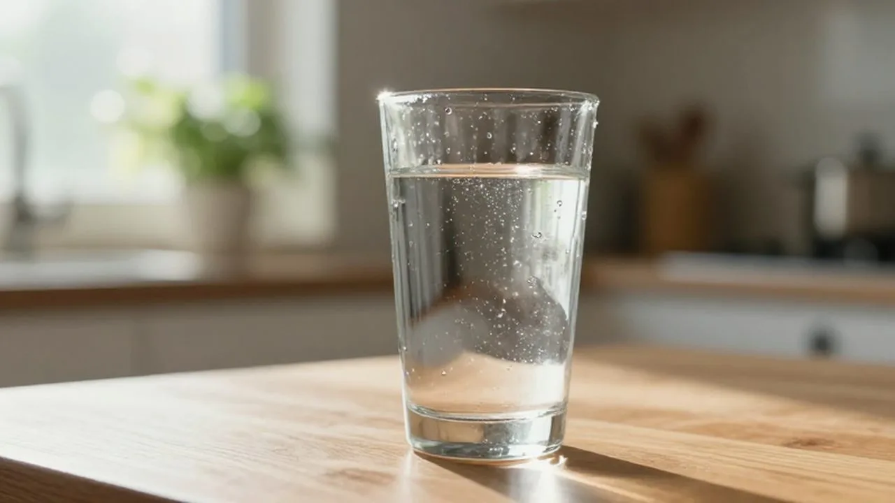 Vaso de agua fresca con gotas de condensación sobre una mesa de madera iluminada por el sol.