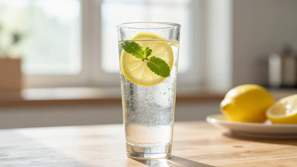 Vaso de agua con gas con rodajas de limón y menta sobre una mesa de madera.