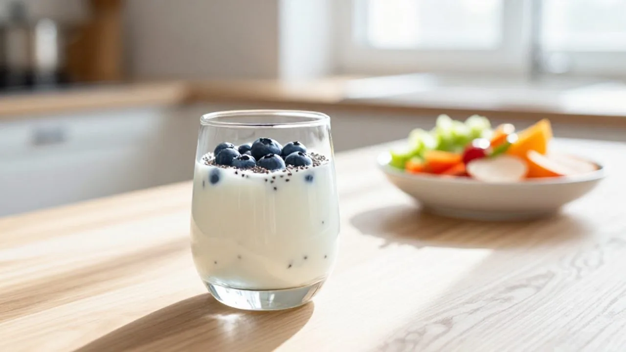 Yogur cremoso con arándanos y semillas de chía sobre una mesa de madera en una cocina luminosa.
