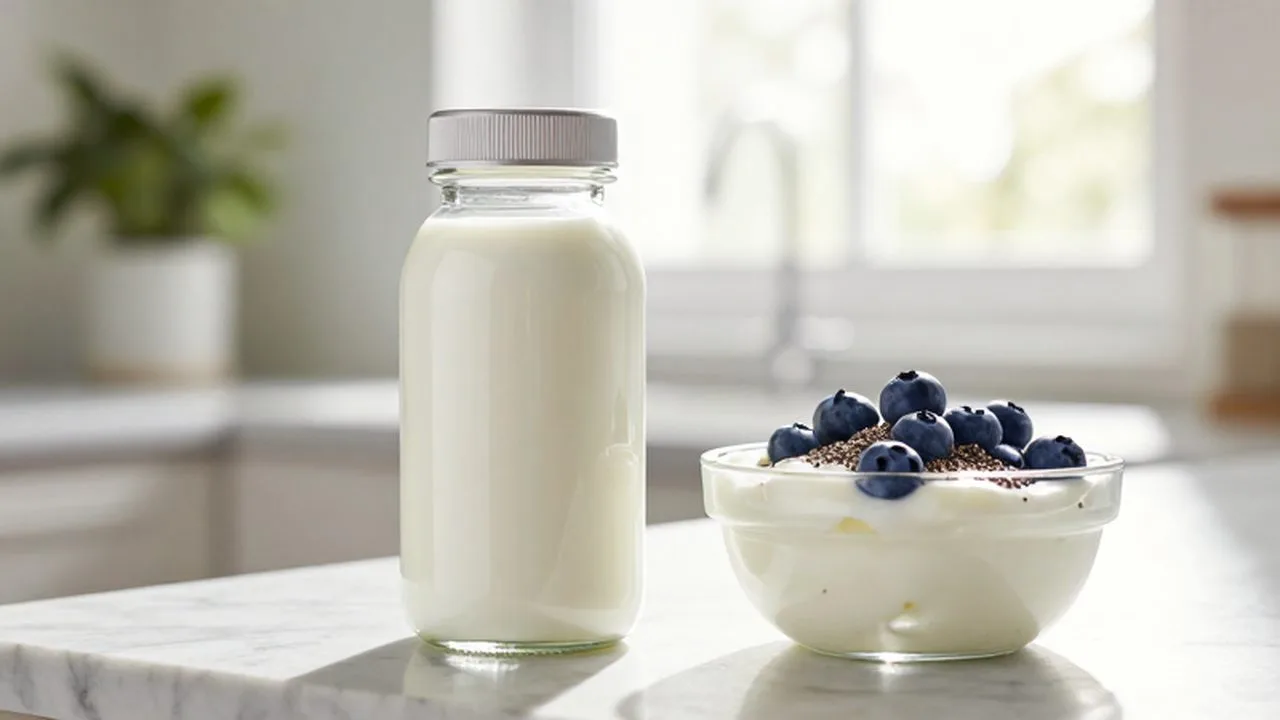 Frasco de suplementos probióticos junto a un tazón de yogur griego con arándanos y chía.