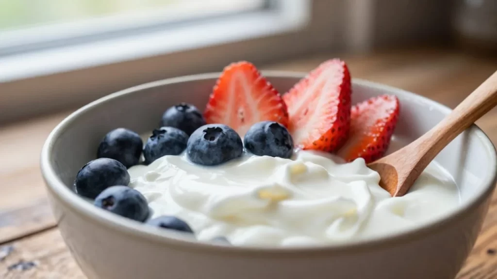 Bol de yogur griego con fresas y arándanos sobre una mesa de madera.