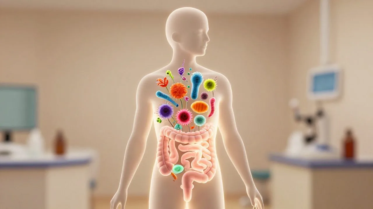 Silueta humana traslúcida con un jardín vibrante de microorganismos coloridos en el interior del intestino.