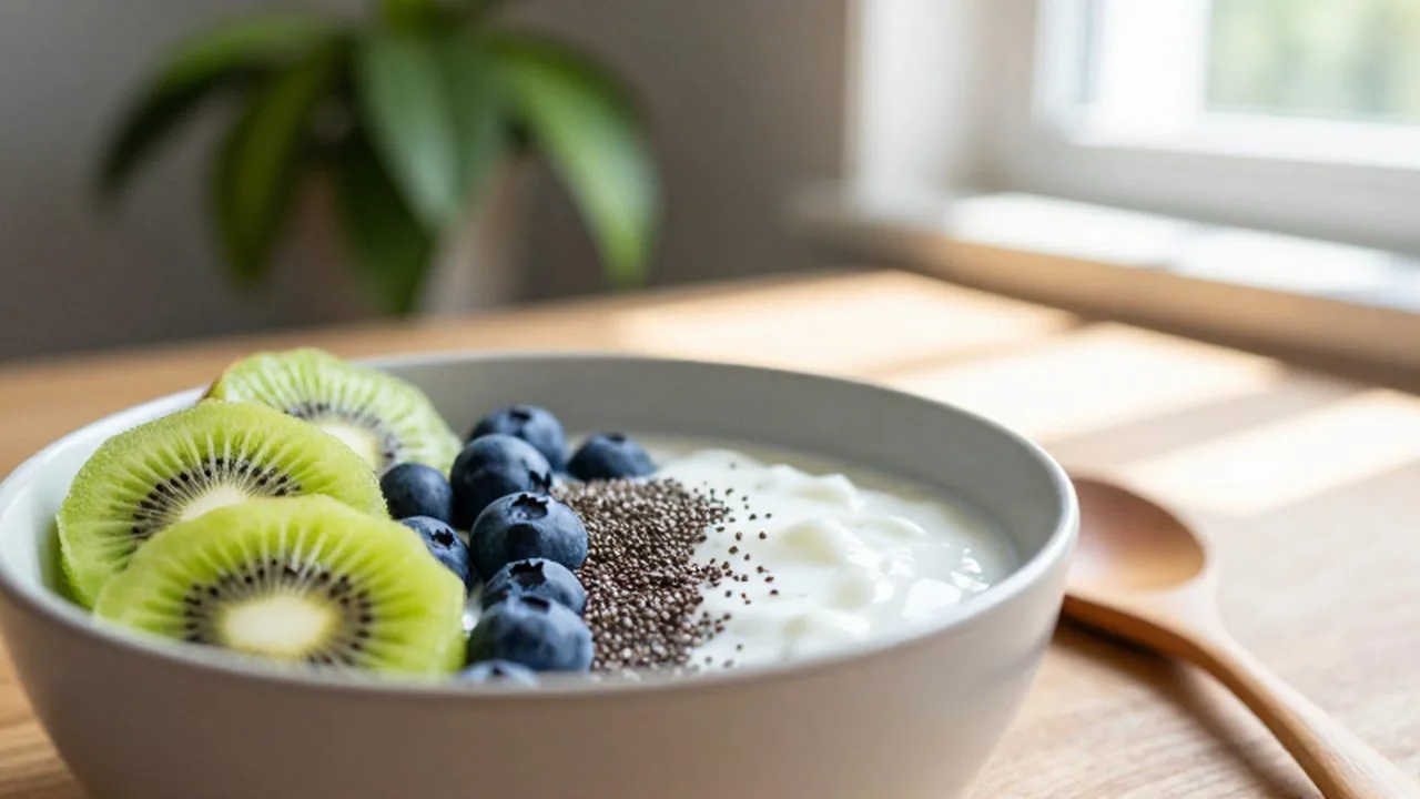 Cuenco de yogur con arándanos, kiwi y semillas de chía sobre una mesa de madera.