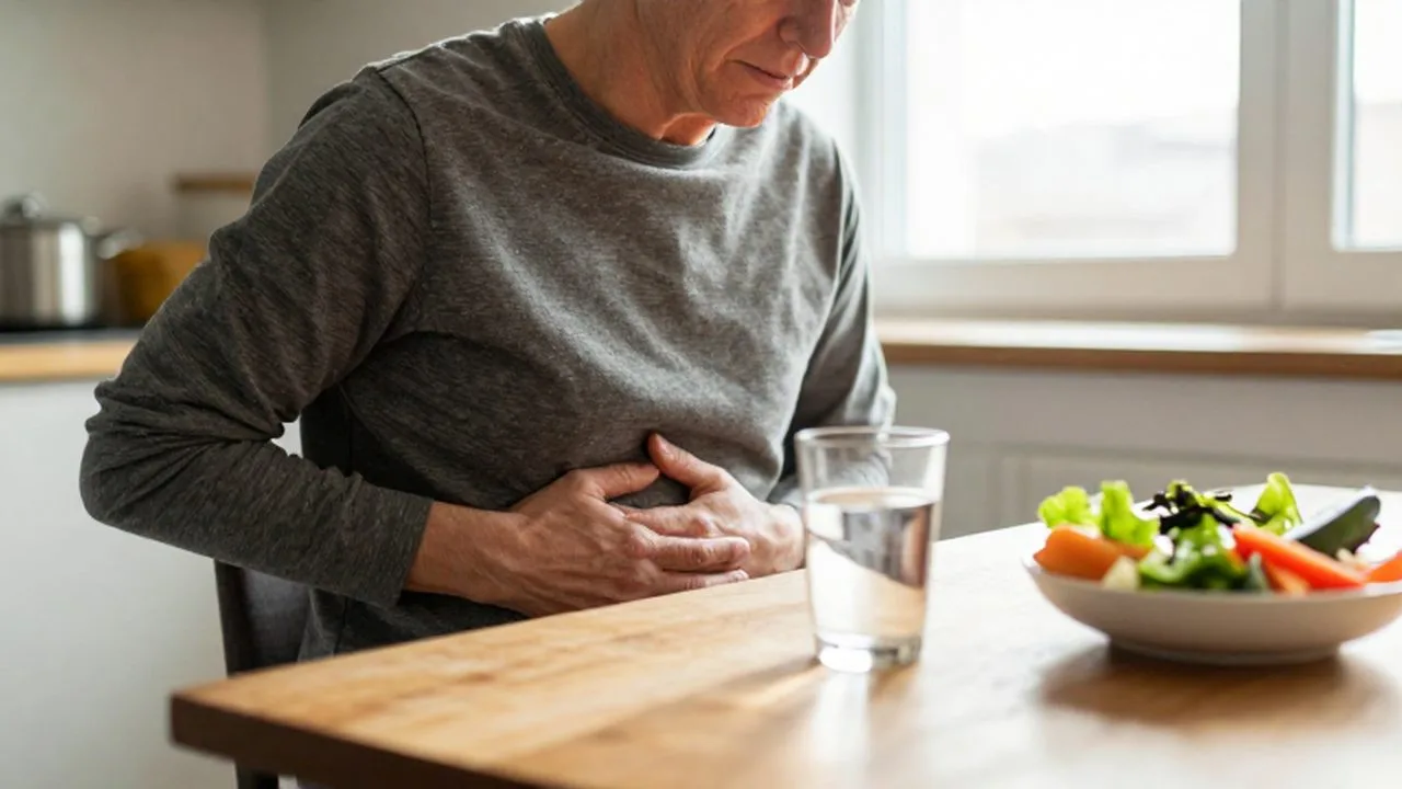 Persona de mediana edad sentada a la mesa con la mano en el abdomen y verduras frescas.