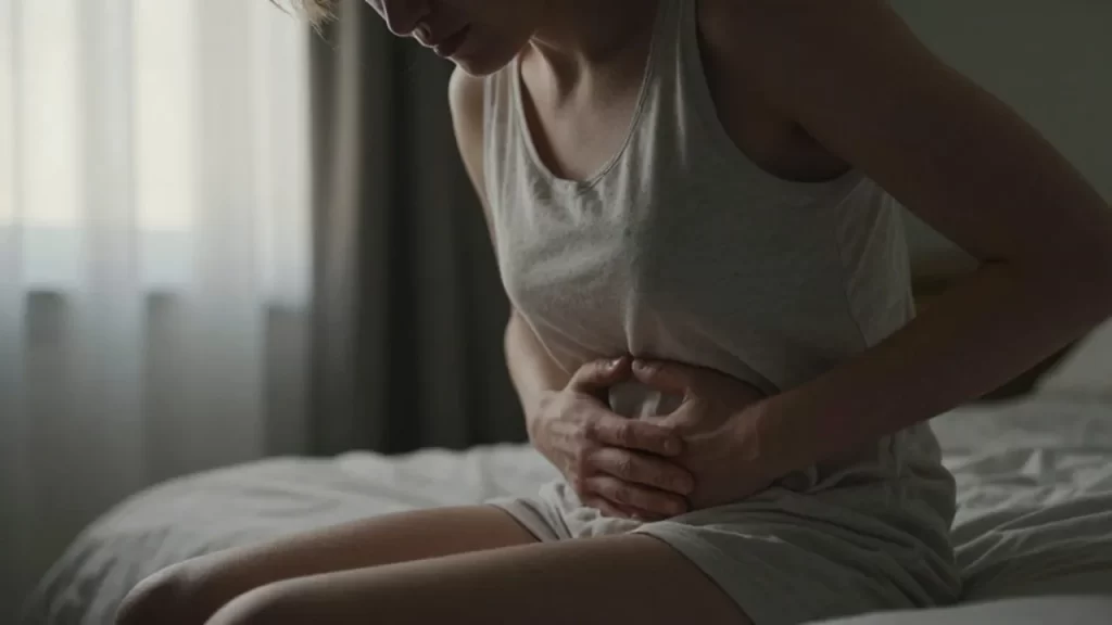 Persona sentada al borde de la cama con expresión de malestar y la mano en el estómago.