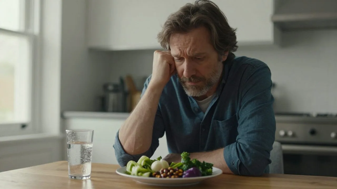 Persona de mediana edad sentada a la mesa mirando con incomodidad un plato de vegetales.