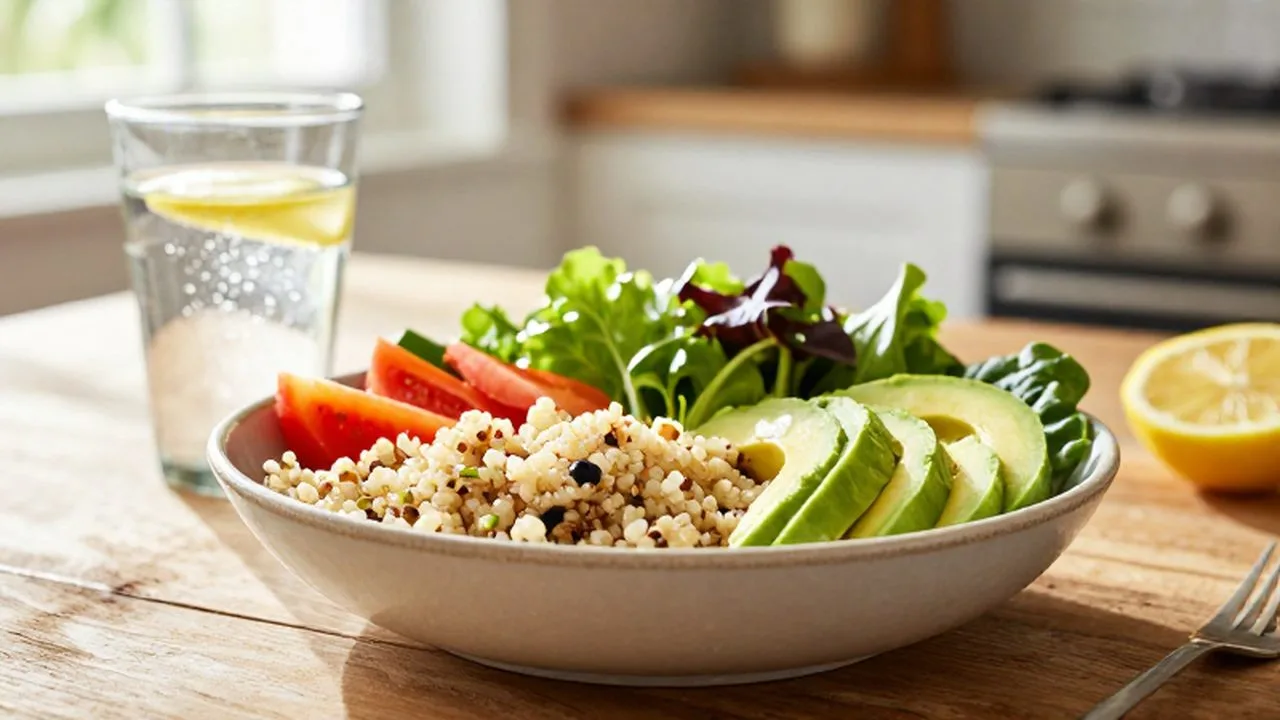 Bol de quinoa con verduras frescas, aguacate y hojas verdes junto a agua con limón.