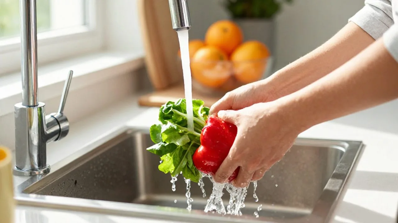 Manos lavando vegetales verdes y pimientos rojos bajo un chorro de agua en una cocina iluminada.