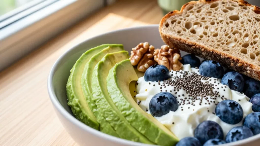 Bol de desayuno mediterráneo con aguacate
