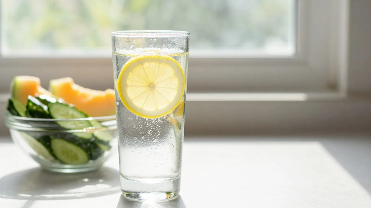 Vaso de agua con rodajas de limón y sal sobre una encimera iluminada por el sol.
