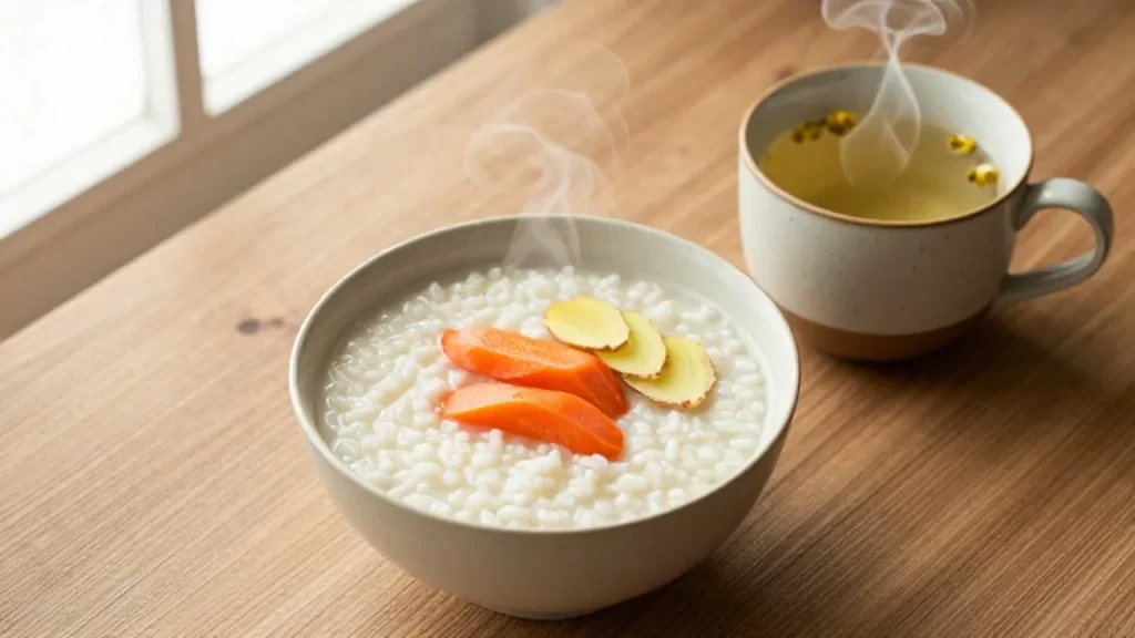 Bol de gachas de arroz con zanahorias y jengibre junto a una taza de té de manzanilla.
