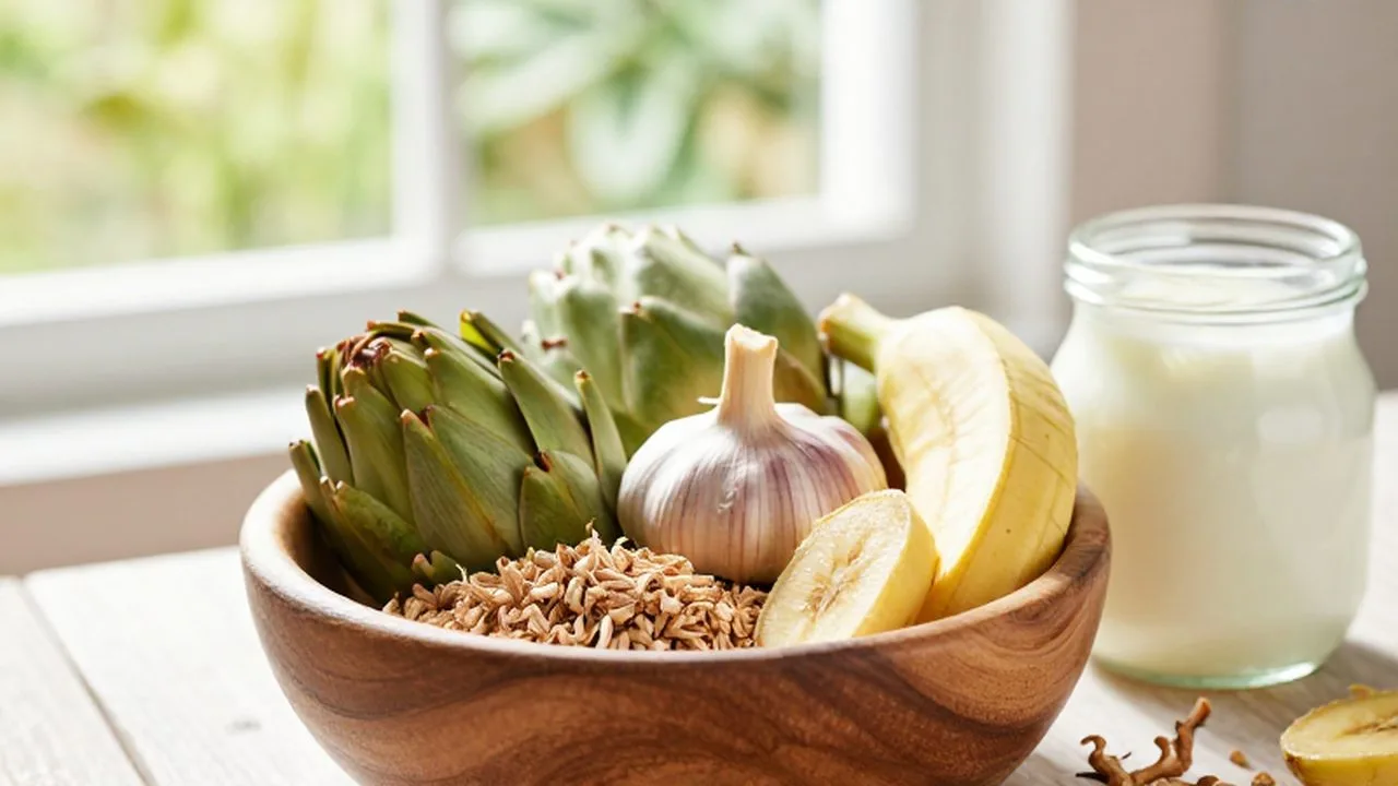 Cuenco de madera con alcachofas, ajo y plátano junto a un frasco de yogur natural.