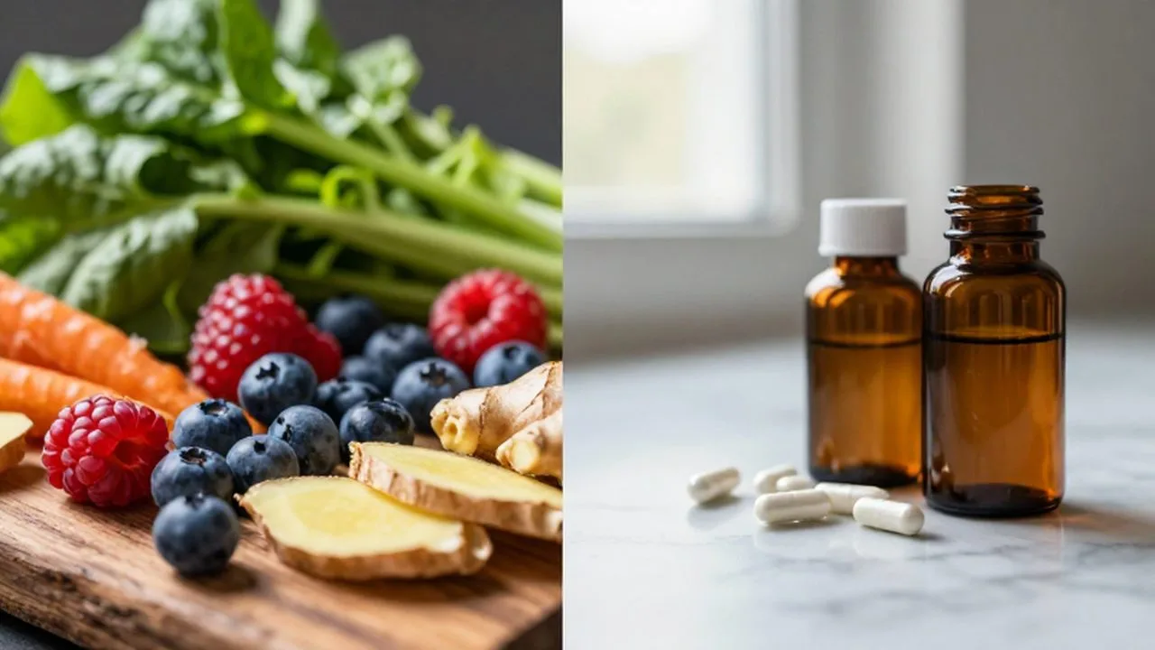 Alimentos frescos y naturales junto a frascos de suplementos sobre una superficie de mármol y madera.