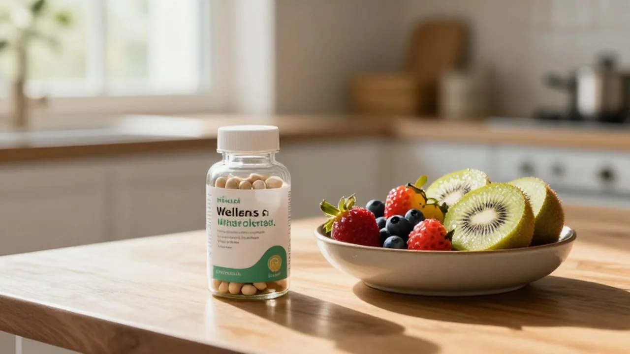 Frasco de suplementos junto a un cuenco con bayas frescas y kiwi sobre una mesa de madera.