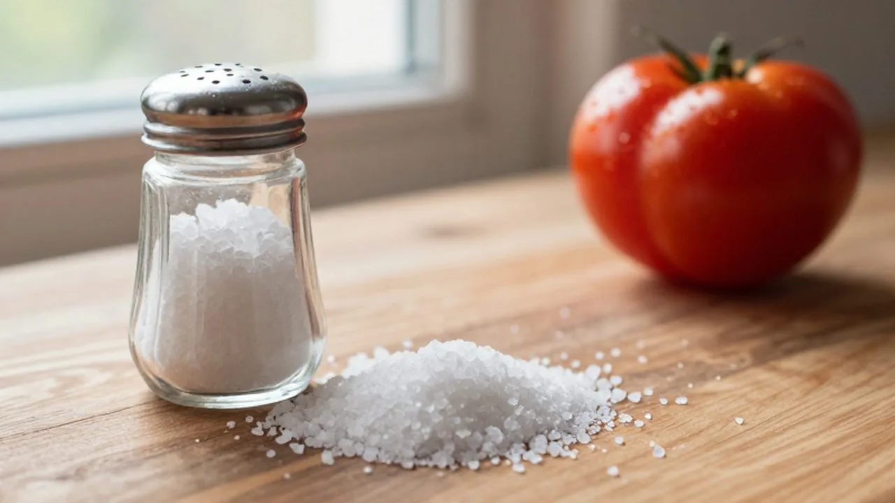 Sal marina a granel desparramada sobre una mesa de madera junto a un tomate.