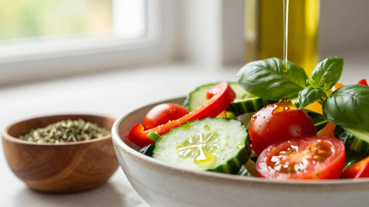 Ensalada mediterránea fresca con tomates, pepinos y pimientos en un cuenco de cerámica con hierbas aromáticas.