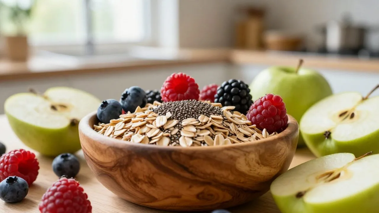 Cuenco de madera con avena y semillas de chía rodeado de bayas y manzanas verdes.