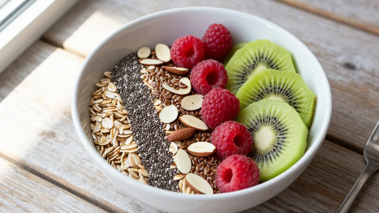 Bol de avena con frambuesas, kiwi, semillas de chía y almendras sobre una mesa de madera.