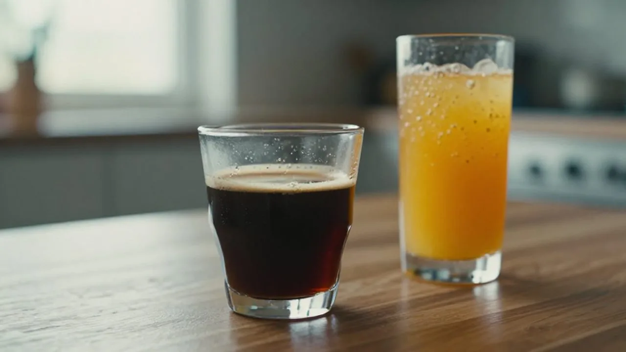 Un vaso de café oscuro y uno de refresco de naranja burbujeante sobre una mesa de madera.
