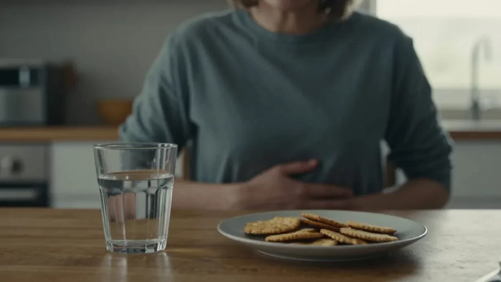 Persona sentada a la mesa con malestar estomacal junto a un vaso de agua y galletas.