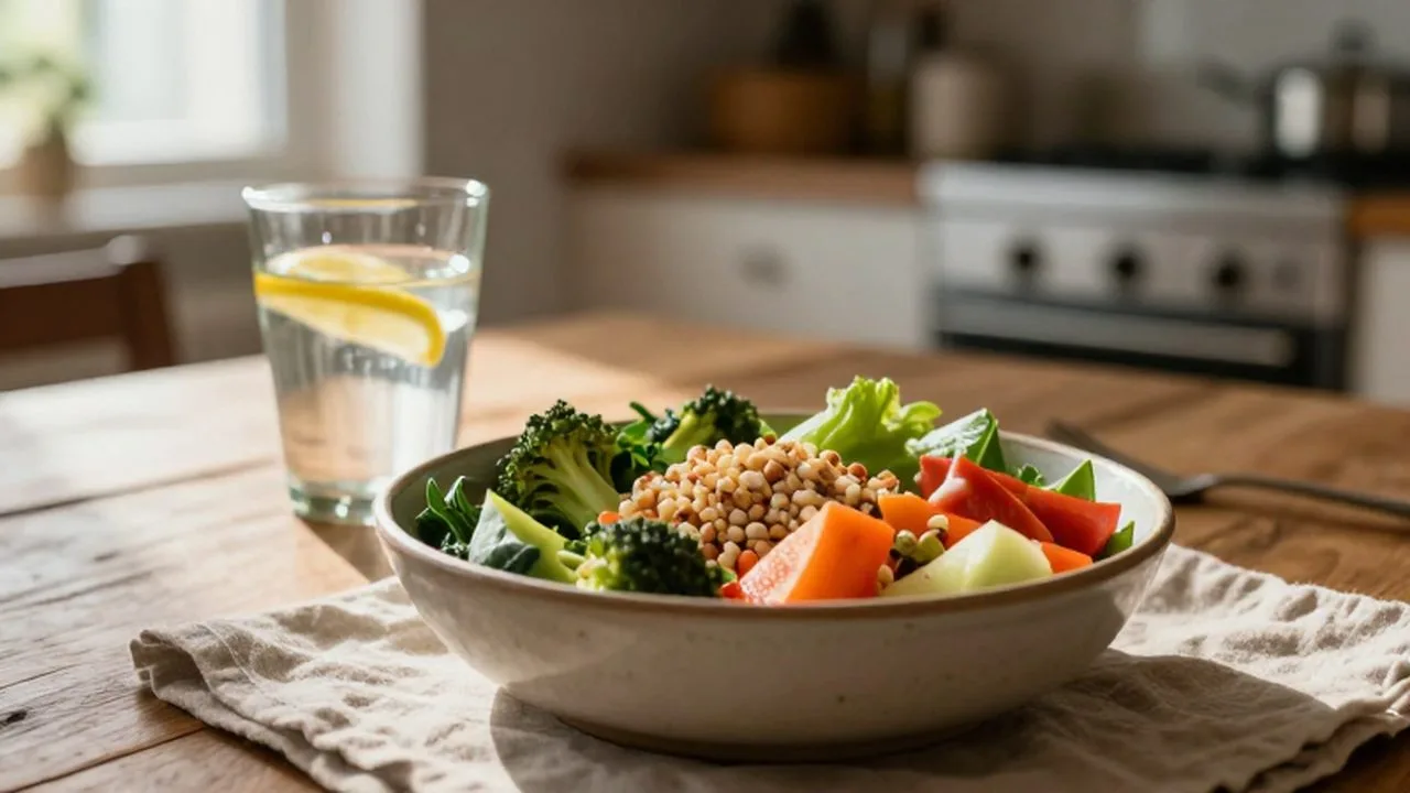 Bol de verduras frescas y granos integrales junto a un vaso de agua con limón.