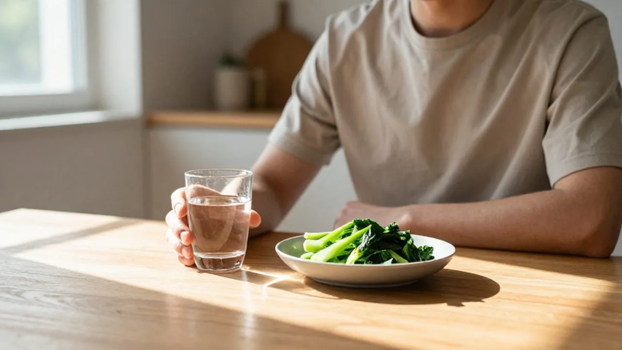 Persona sentada a la mesa desayunando verduras al vapor y un vaso de agua bajo la luz matinal.