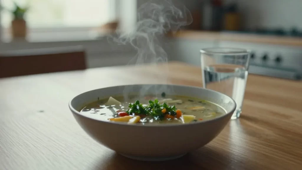 Un cuenco de sopa de verduras humeante junto a un vaso de agua sobre una mesa de madera.