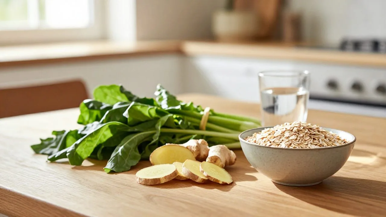 Desayuno saludable con avena, vegetales frescos y jengibre sobre una mesa de madera iluminada por el sol.