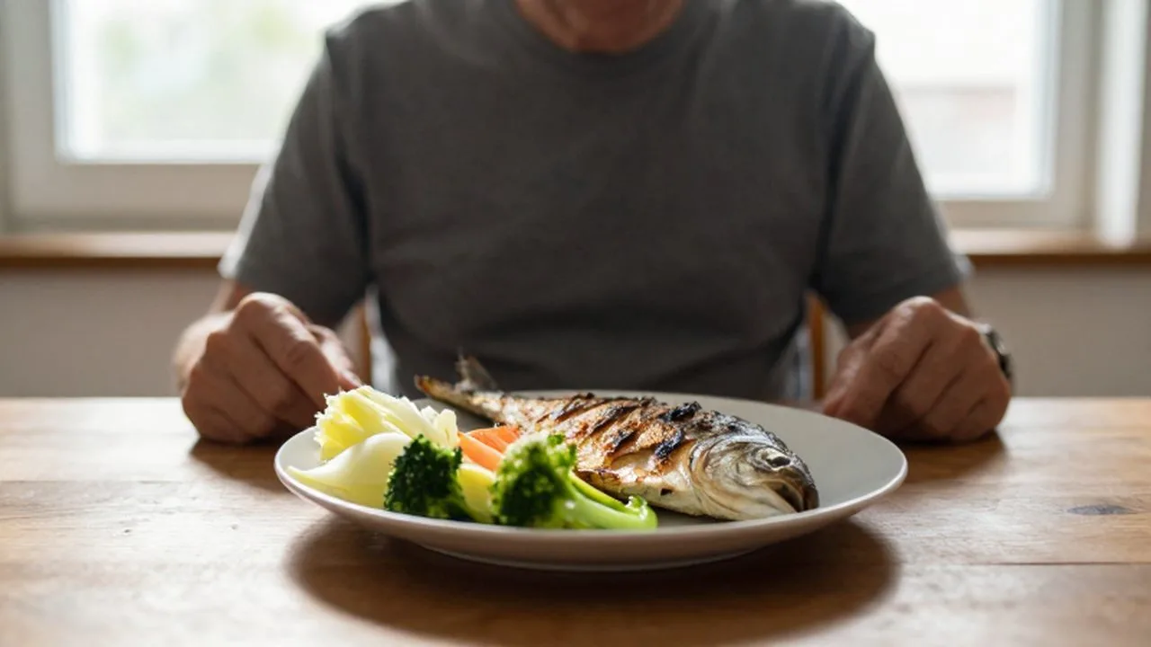 Persona sentada ante una mesa de madera con un plato de pescado a la parrilla y verduras frescas.