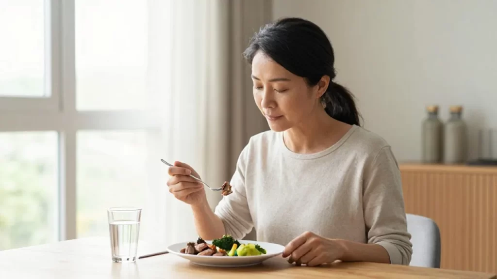 Mujer de mediana edad desayunando una comida saludable frente a una ventana soleada.
