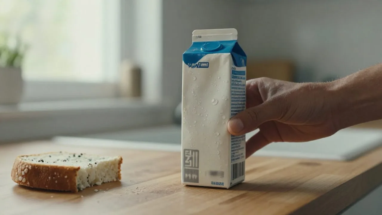 Mano sosteniendo un cartón de leche caducado en una cocina iluminada por la mañana.
