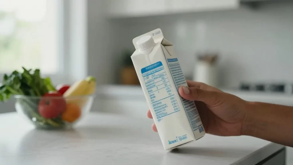 Una persona revisa la fecha de caducidad en un cartón de leche en una cocina luminosa.