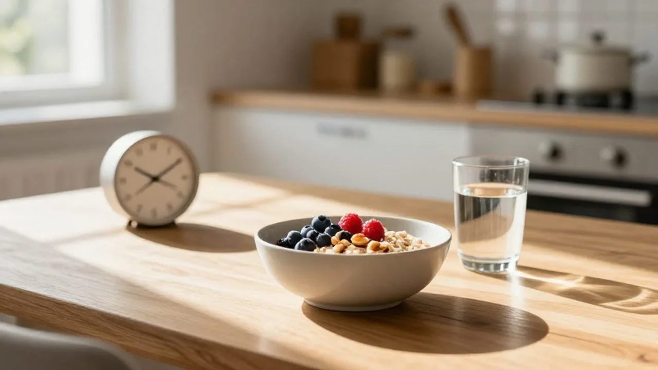Desayuno saludable de avena con frutos rojos y nueces en una cocina luminosa.