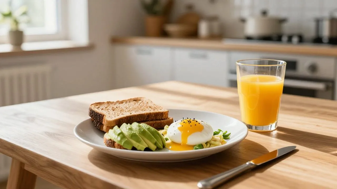 Desayuno saludable de aguacate, huevos pochados y tostadas con zumo de naranja en una mesa de madera.