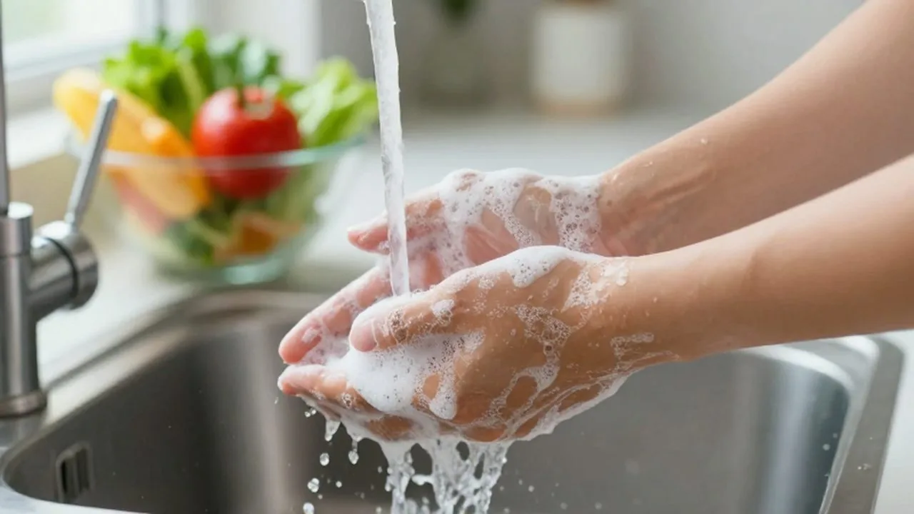 Manos cubiertas de espuma de jabón lavándose bajo un chorro de agua en una cocina.
