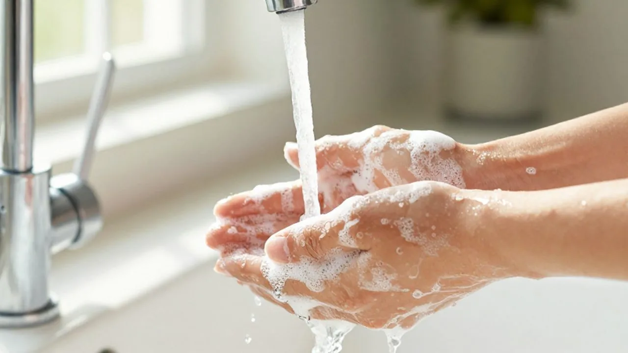 Manos cubiertas de espuma blanca lavándose bajo un chorro de agua en una cocina luminosa.