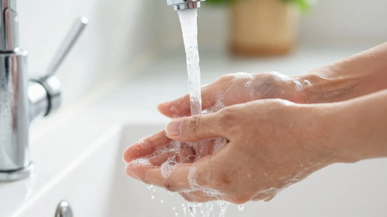 Manos lavándose con abundante espuma bajo el chorro de agua de un grifo cromado.