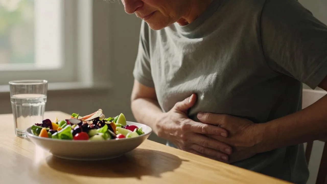 Persona de mediana edad sentada a la mesa con gesto de malestar abdominal frente a una ensalada.