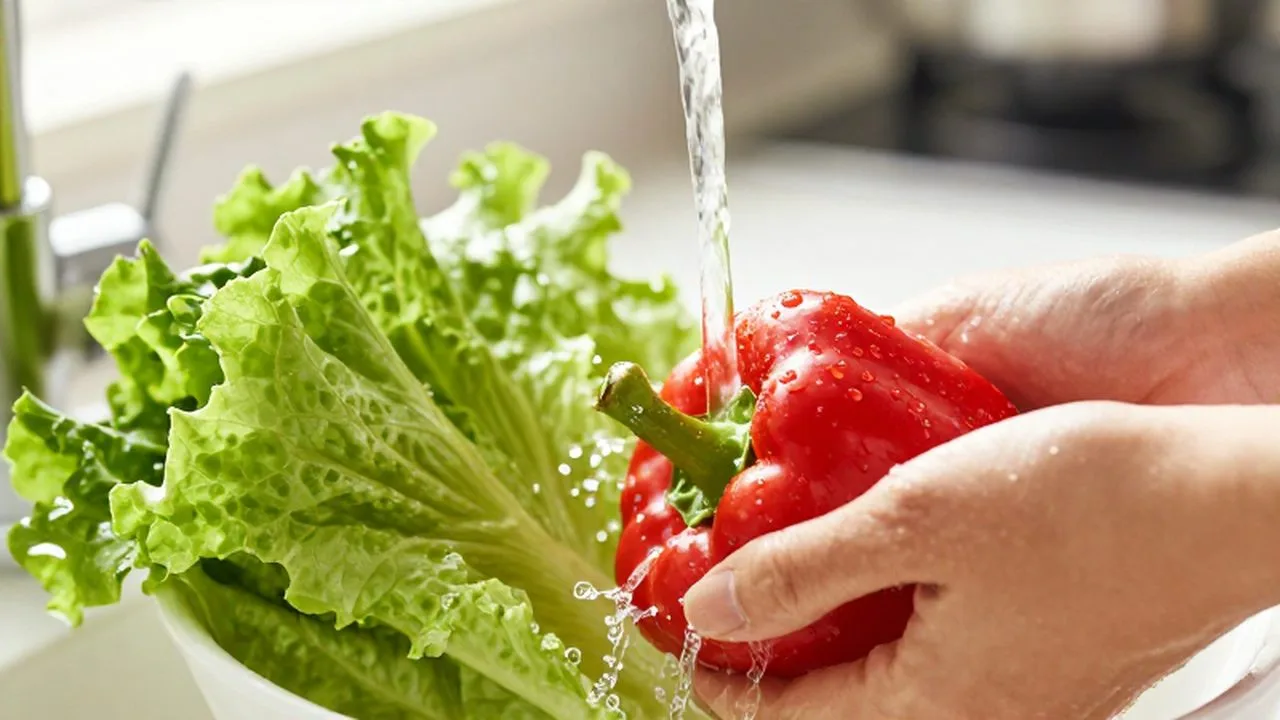Lechuga y pimientos rojos frescos siendo lavados bajo un chorro de agua cristalina.