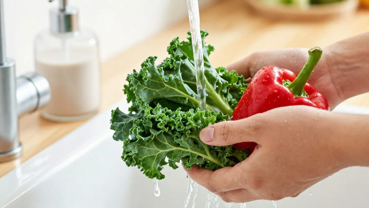 Manos lavando kale y pimientos rojos bajo un chorro de agua en una cocina luminosa.