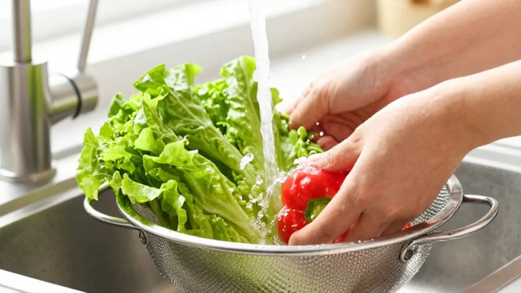 Manos lavando lechuga y pimientos rojos bajo un chorro de agua en un fregadero de acero.