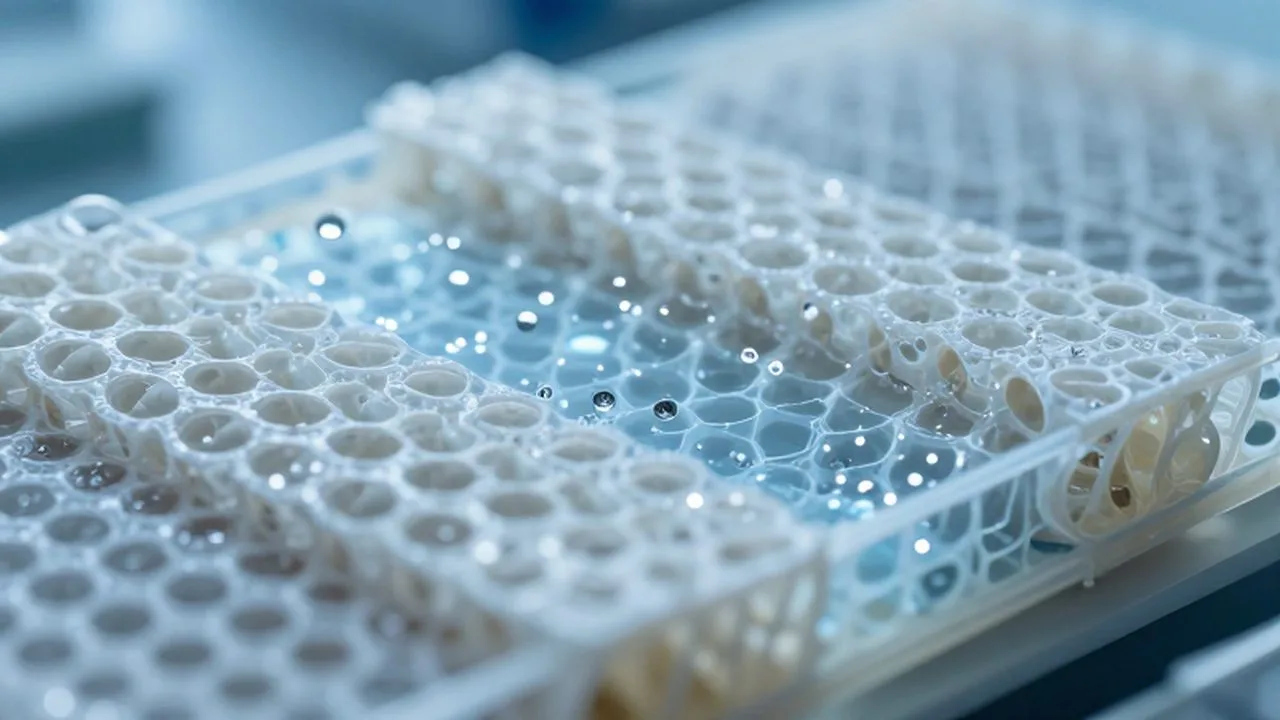 Gotas de agua atraviesan las capas porosas de una membrana de filtración de alta tecnología.