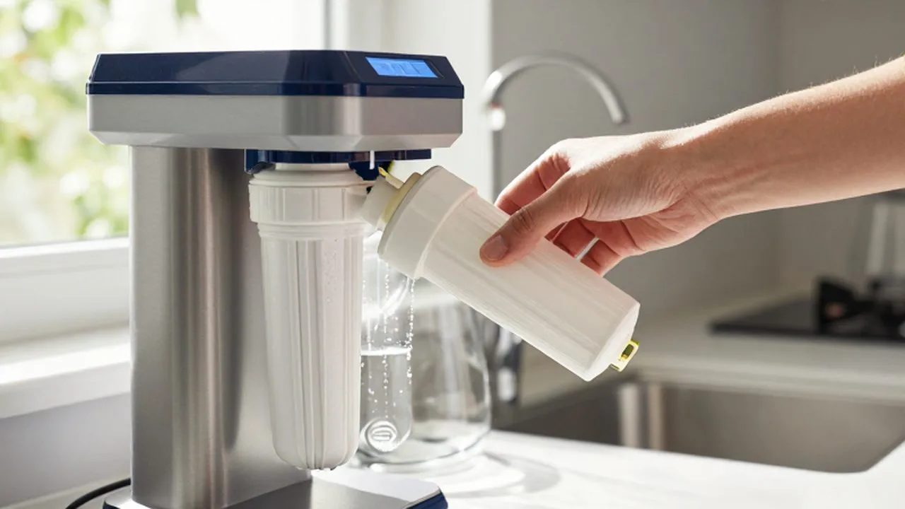 Una mano instalando un cartucho de filtro blanco en un sistema de purificación de agua en una cocina moderna.