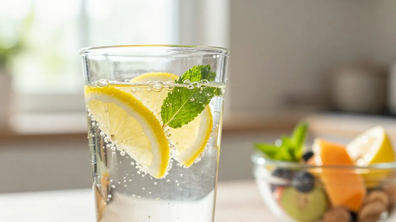 Vaso de agua con gas, rodajas de limón y menta bajo la luz del sol.